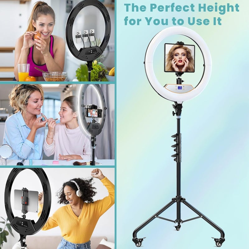 MACTREM 22" Foldable Ring Light with Stand for iPhone ipad, 75" Tripod with Wheels 50W 6500K LED Display/2 USB Ports Large Ringlight Rolling, Tattoo Barber Makeup Studio Video Photography Lighting - Image 3